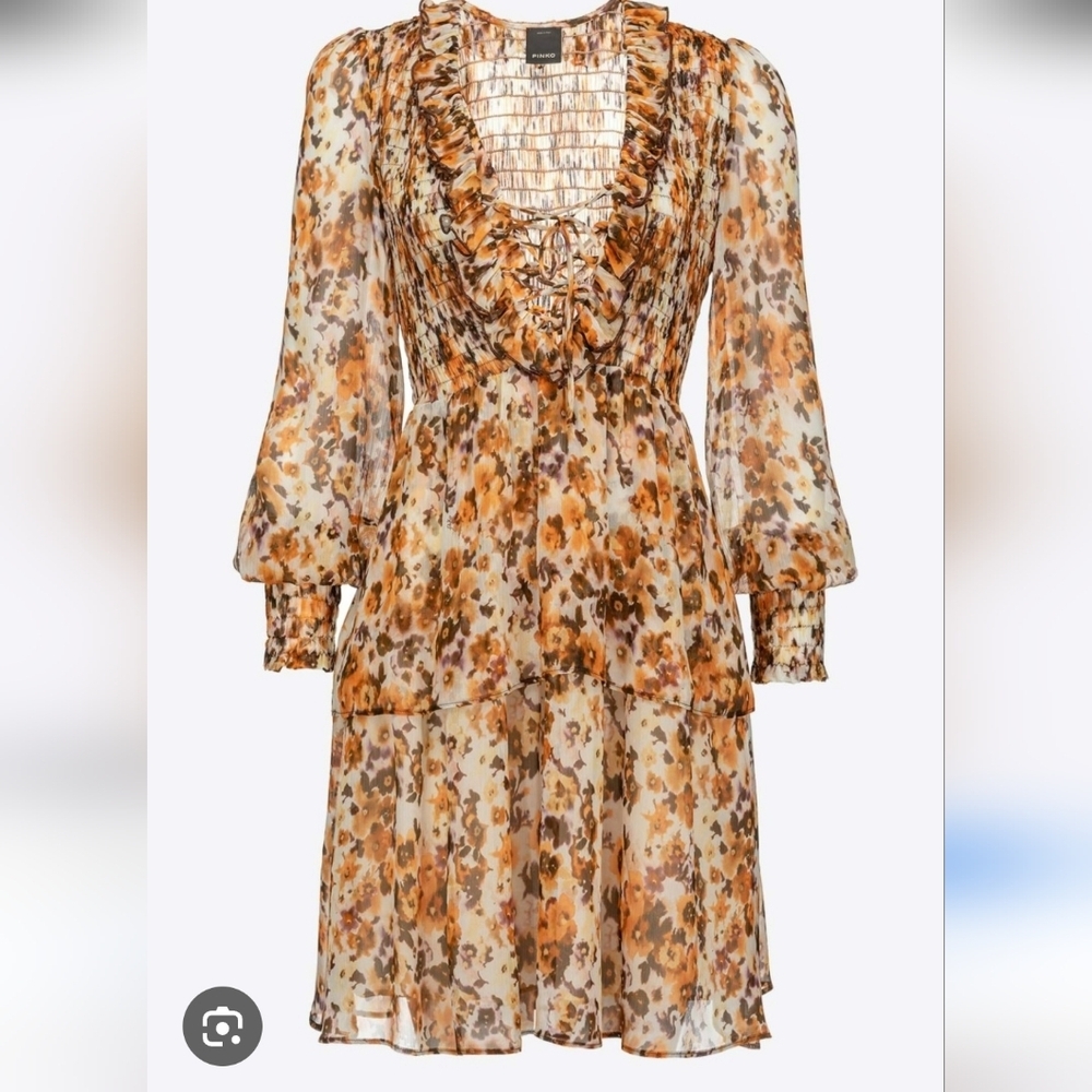 NWT Pinko Floral Mini Dress in Brown and Cream - Picture 3 of 16